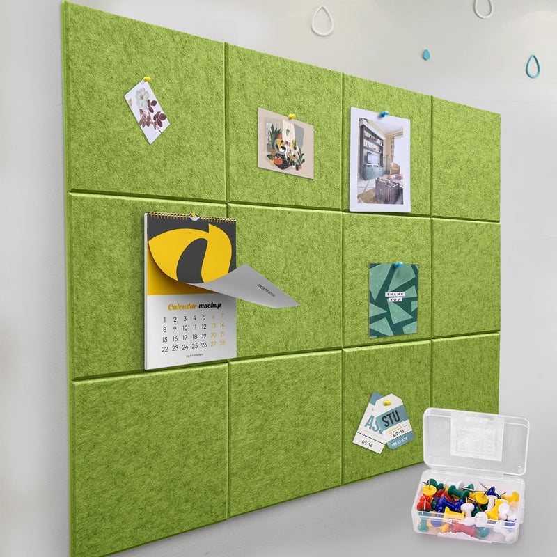 ZHIDIAN Felt Wall Tiles Bulletin Board with Removable Adhesive, 47"x35" Green Cork Board Alternative with 40 Push Pins, 12 Pack Large Office Cork Tile Push Board Felt Squares for Walls - Image 1